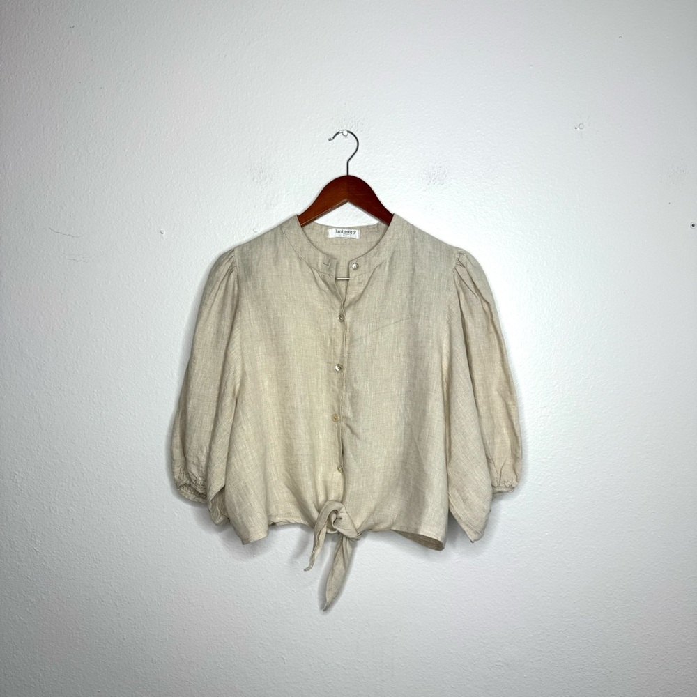Lanhtropy Natural‎ Bubble Linen Crop Top Beige Tie Waist - Picture 2 of 7